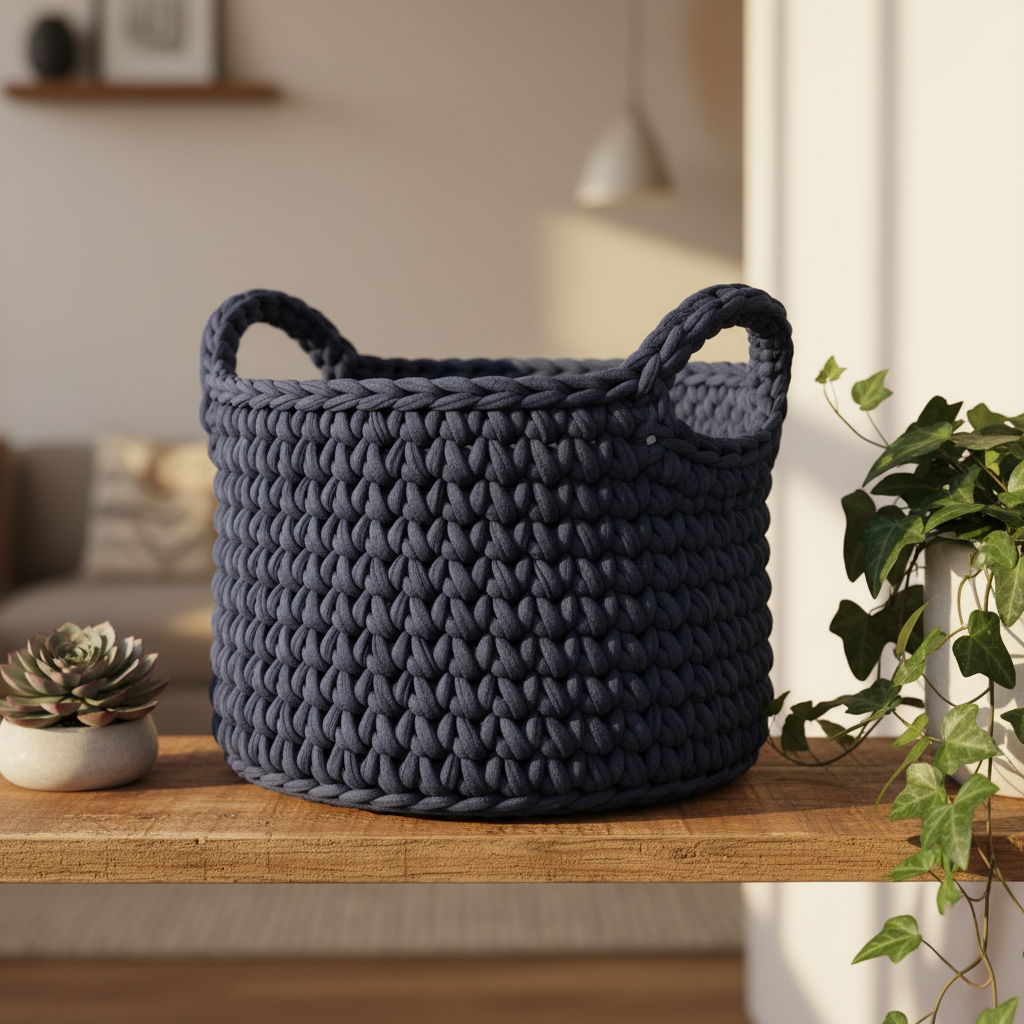 Crochet storage basket in navy blue on a shelf