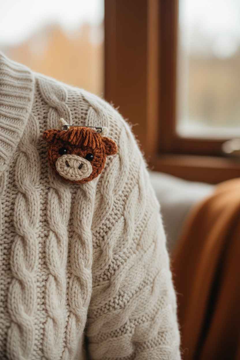 Crochet highland cow face styled on a cream knitted jumper
