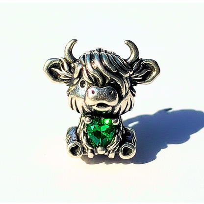 Highland Cow Charm | Pandora Style | Green Heart