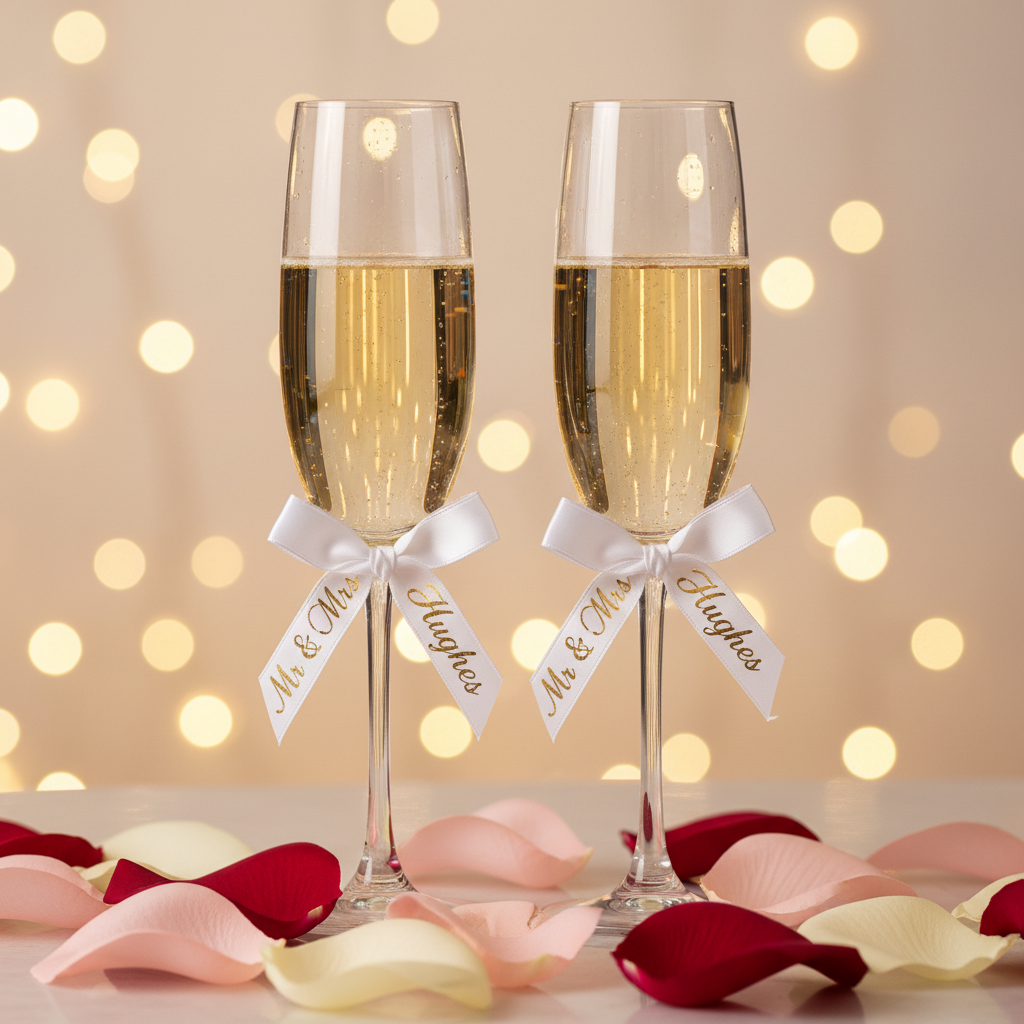 Mr & Mrs Hughes Champagne Glasses with White Ribbon