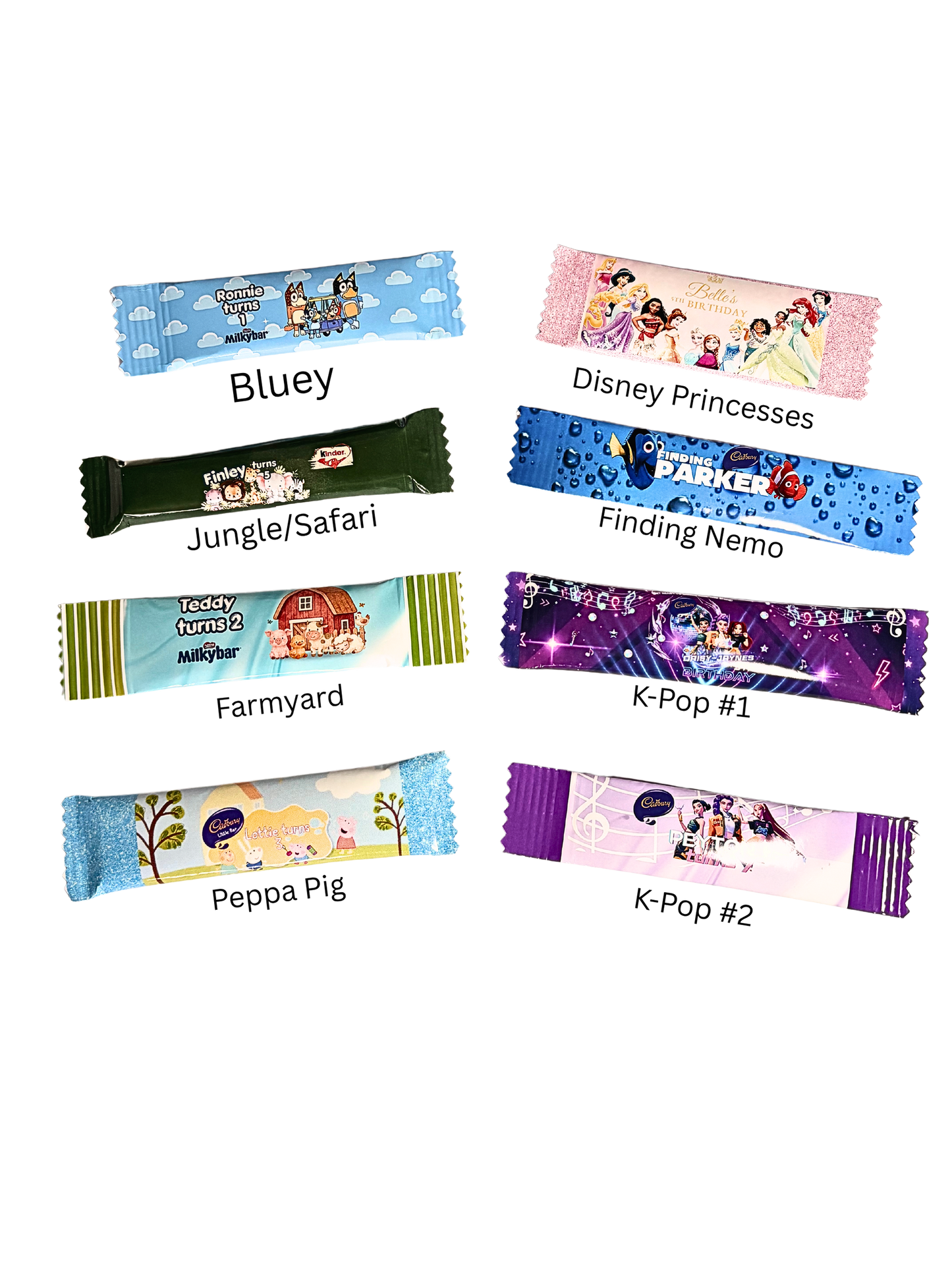 Personalised Character Chocolate Bar Wrappers | Kids Birthday Party Favours