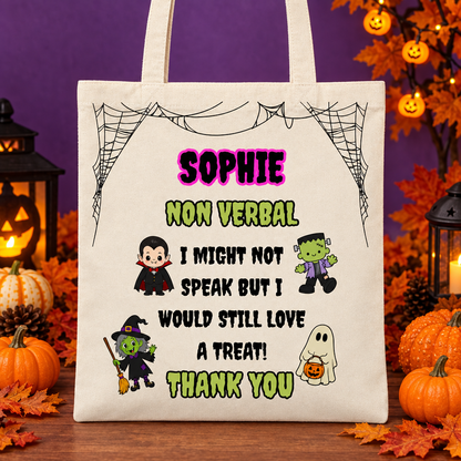 Non Verbal trick-or-treat bag with Sophie in neon pink