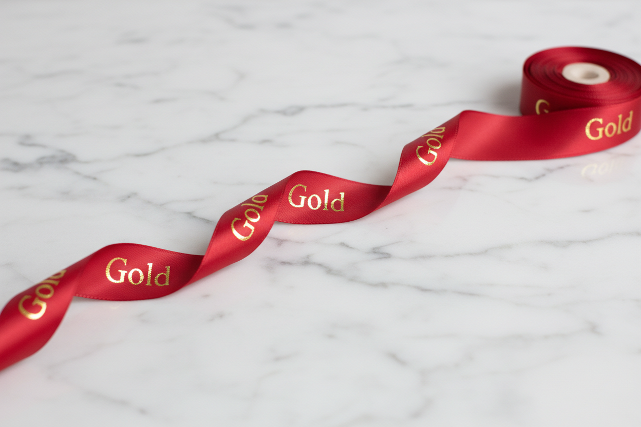 Red ribbon gold writing
