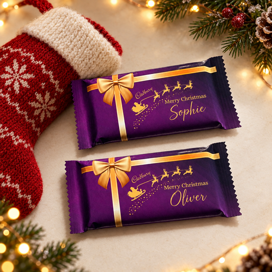 Sophie and Oliver wrappers styled as stocking fillers with a red stocking