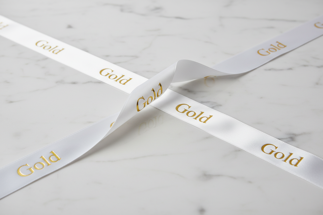 White ribbon gold writing